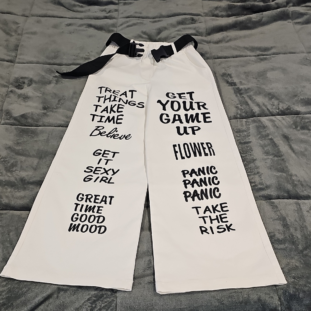 White and Black Graphic Text Jeans
